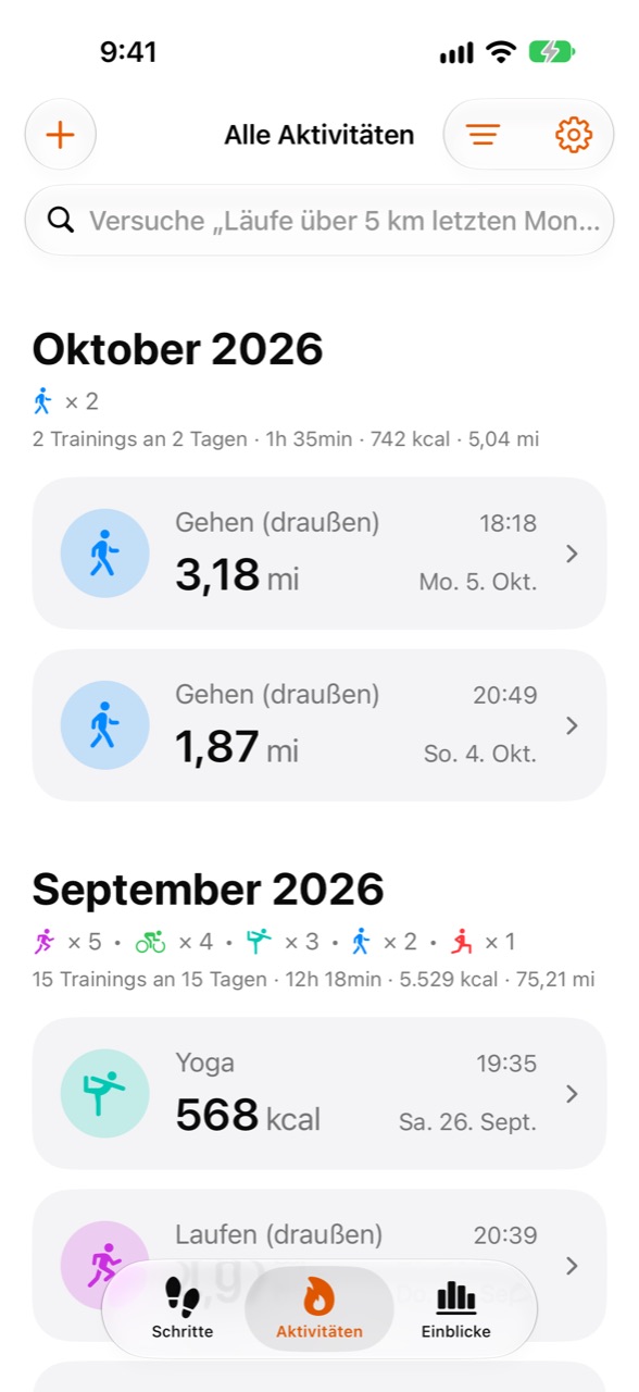 WeeRaa-Bildschirm „Aktivitäten“ mit den letzten Trainings