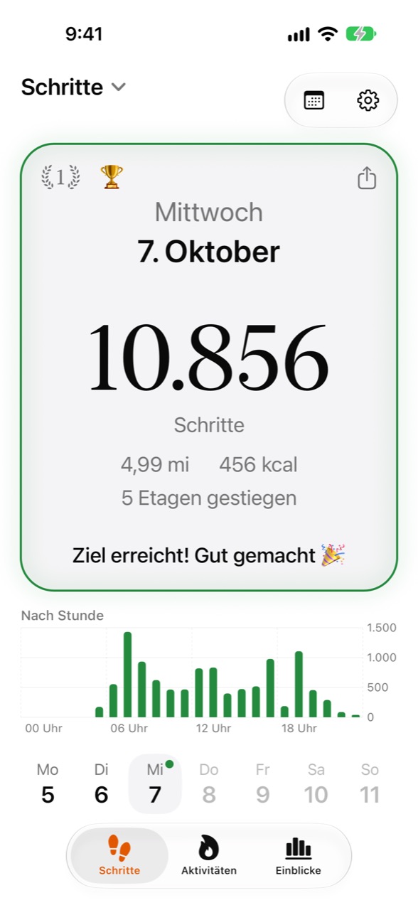 WeeRaa-Startbildschirm mit den heutigen Schritten und dem Fortschritt zum Ziel