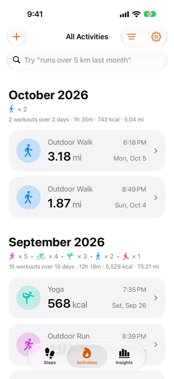 Stepper's Activities screen listing recent workouts