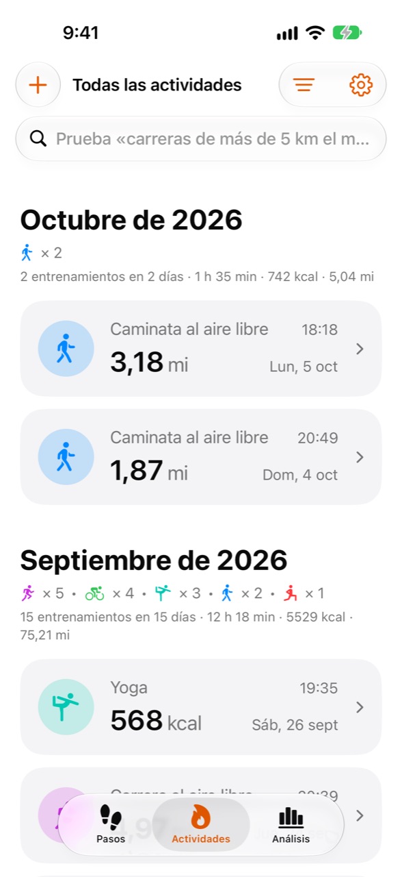Pantalla Actividades de WeeRaa con los entrenamientos recientes