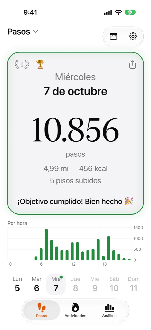 Pantalla de inicio de WeeRaa con los pasos de hoy y el progreso hacia el objetivo