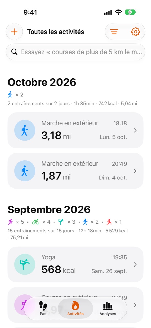 Écran Activités de WeeRaa avec les entraînements récents
