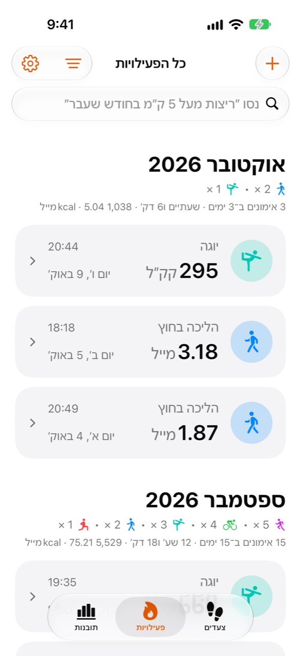 מסך הפעילויות של WeeRaa עם האימונים האחרונים