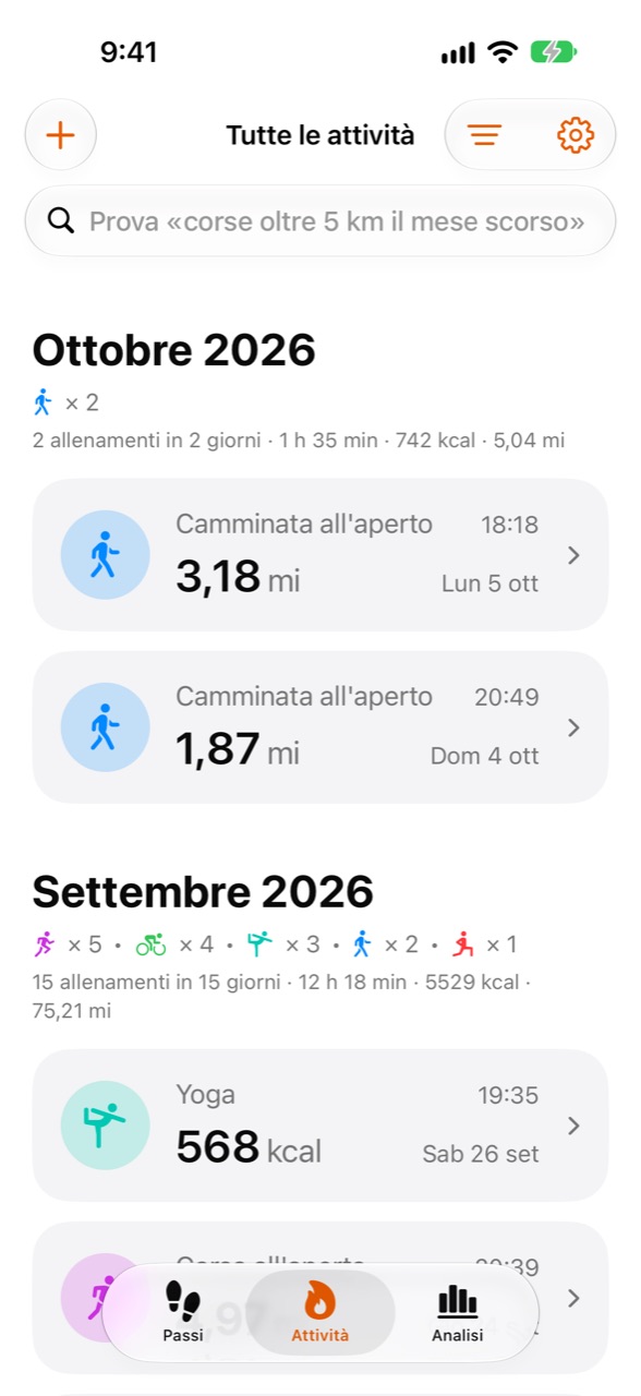 Schermata Attività di WeeRaa con gli allenamenti recenti