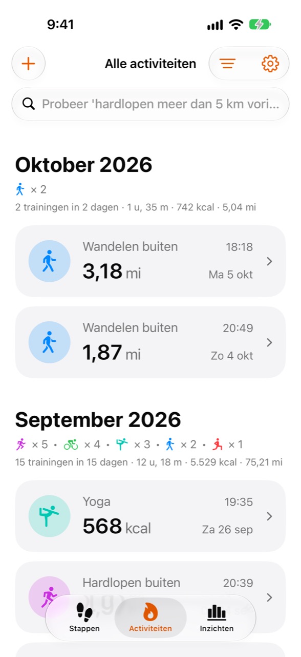 Activiteitenscherm van WeeRaa met recente trainingen