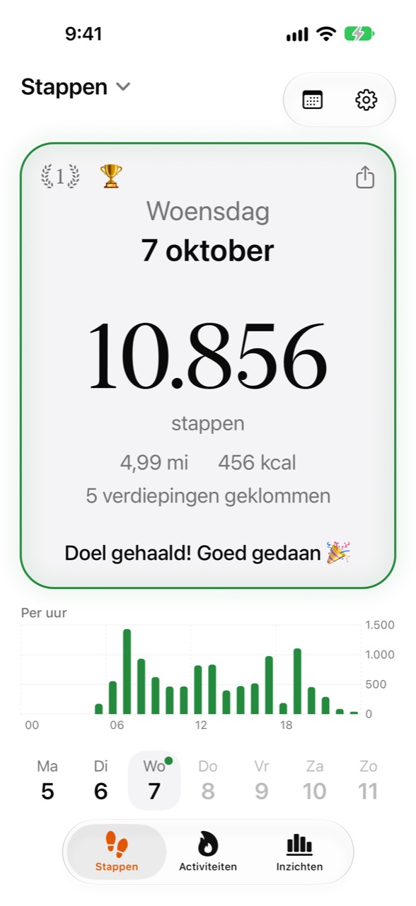Beginscherm van WeeRaa met de stappen van vandaag en de voortgang naar je doel
