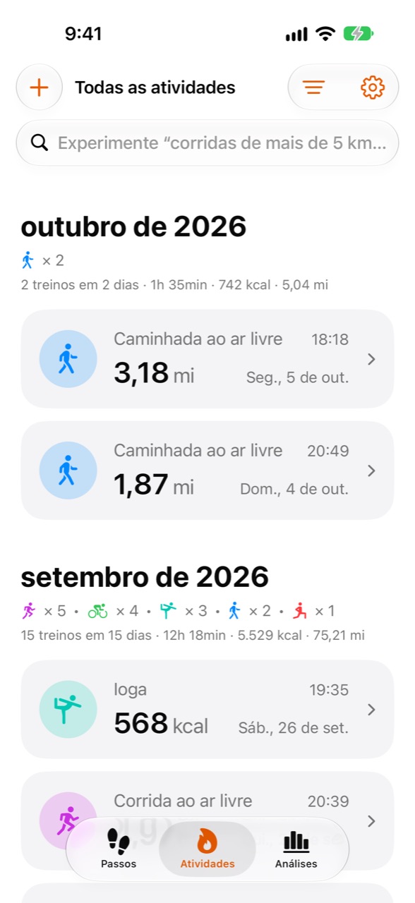 Tela Atividades do WeeRaa com os treinos recentes