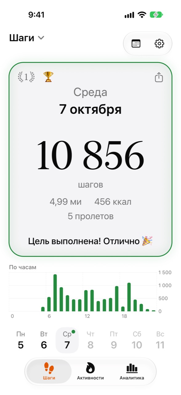 Главный экран WeeRaa с шагами за сегодня и прогрессом к цели
