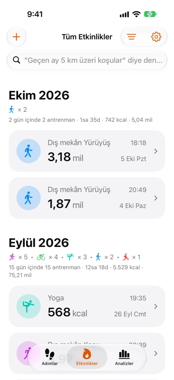 WeeRaa Etkinlikler ekranı: son antrenmanlar