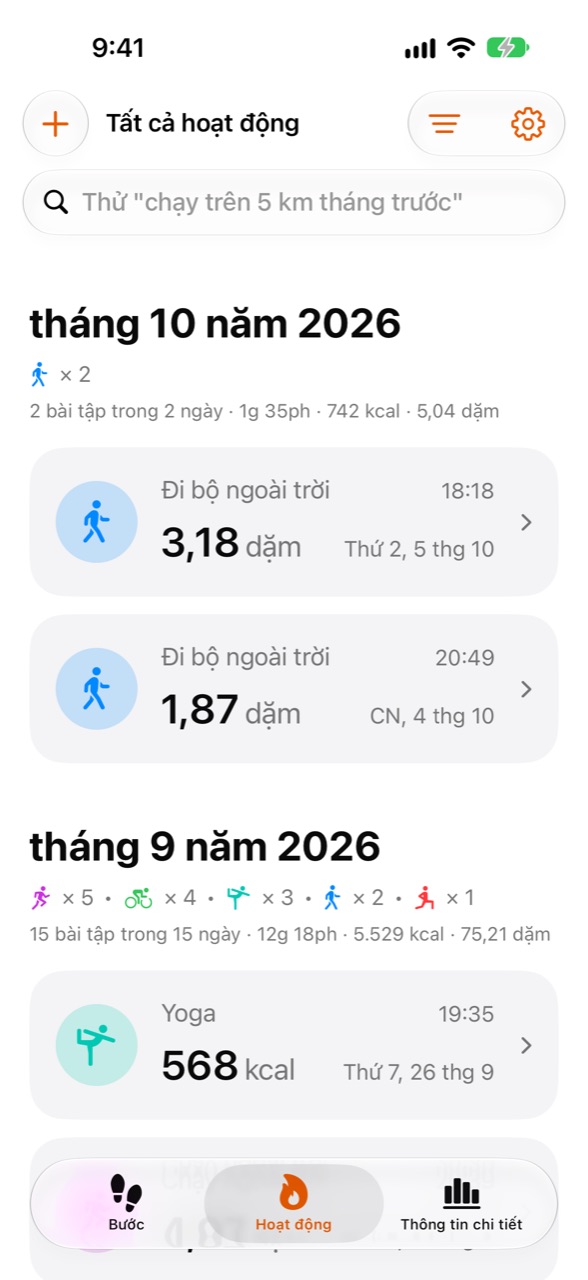 Màn hình Hoạt động của WeeRaa liệt kê các bài tập gần đây